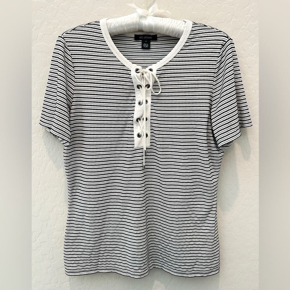ST JOHN | Sport Black White Stripe Lace-Up Knit Top | Medium